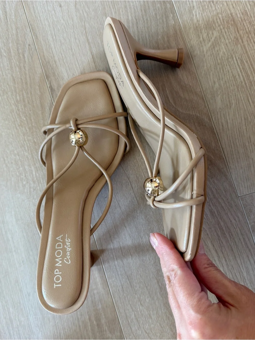 TOP Moda Nude Beige Strappy Slide Sandals with Gold Accent